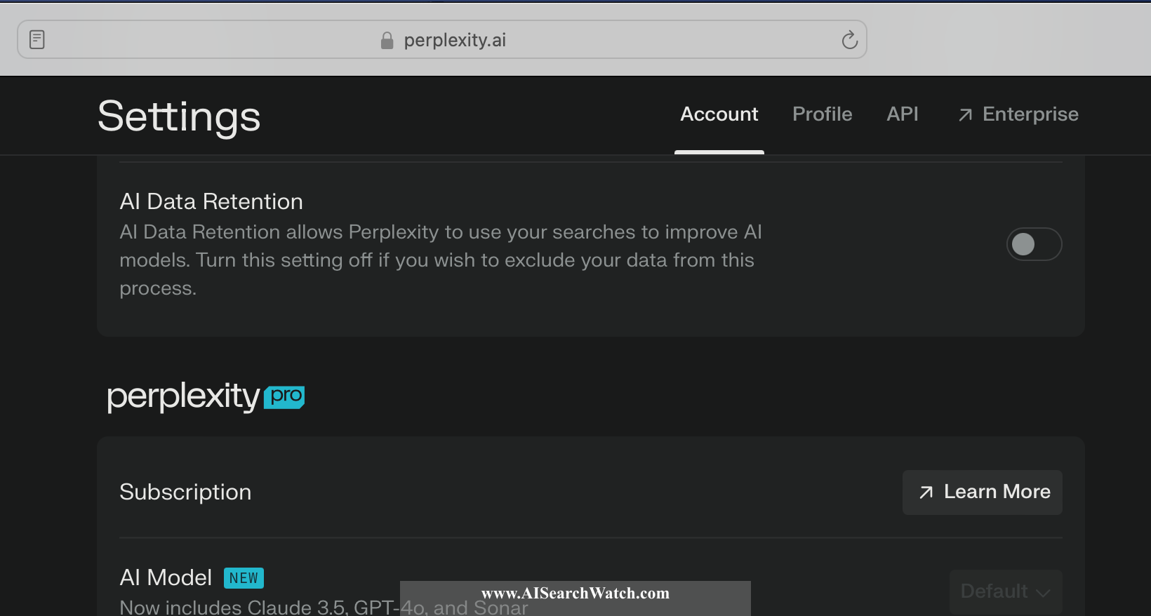 Screenshot of Perplexity AI data retention settings